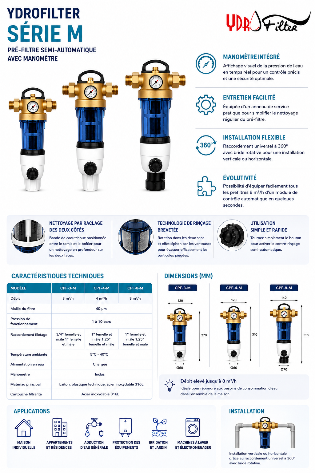 Préfiltre Autonettoyant Ydrofilter Série M avec Manomètre